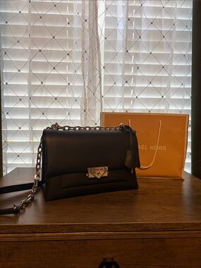*NEW* Michael Kors Black Leather Crossbody with Silver Chain Strap